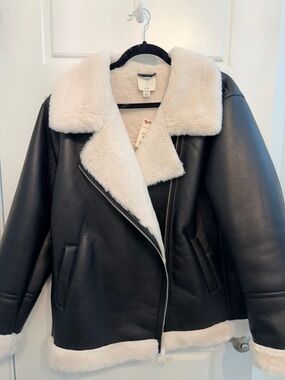 Joie Black Faux-Leather Teddy Jacket with Cream Shearling Trim